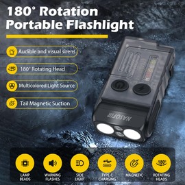 NASOFIR V20 - Linterna EDC pequeña y potente, de 1000 lúmenes, USB C, recargable, mini LED, bolsillo con clip, luz lateral COB, base magnética y alarma de pitido, 14 modos, IP67