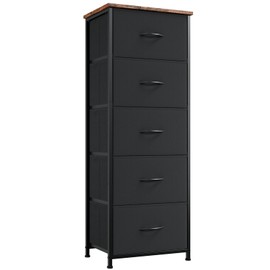 Somdot Tall Dresser for Bedroom with 5 Drawers, Storage Organizer Chest of Drawers with Removable Fabric Bins for Closet Bedside Living Room Laundry Entryway Hallway, Black Rustic Brown