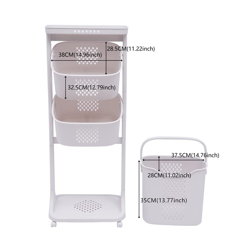 Laundry Basket, 3 Tiers Storage Basket Plastic Clothes Hamper Movable