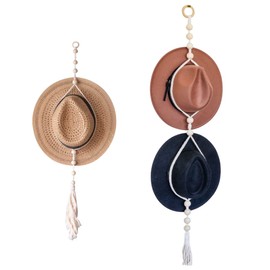 2Pcs Macrame Hat Hanger, Boho Hat Hangers for Wall, Decorative Bohemian Hand Weaving Hat Rack for Wide Brim Sun Straw Hat Cowboy Hat Display (1 Hole & 2 Holes)