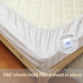 100% Cotton Fitted Sheet Queen Size Only, 600 Thread Count, 8"-16" Deep Pocket Sateen Weave Bottom Sheet, Soft Breathable Comfy & Hotel Quality (Queen, Striped Beige)