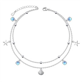 925 Sterling Silver Beach Anklet for Women Starfish Shell Moonstone Beads Charm Double Layer Anklets Bracelet Adjustable 9 to 10 inches