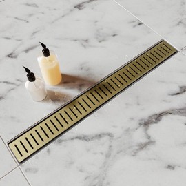 HTOH Gold Shower Drain, 304 Stainless Steel Linear Shower Drain 24 Inch with Removable Capsule Pattern Grate - Adjustable Rectangular Brushed Shower Floor Drain with Hair Strainer, Linear Drain