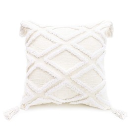 PLWORLD Cream White Throw Pillow Cover 18x18 Inch, Boho Decorative Diamond Pattern Woven Tufted Soft Chenille Pillowcase with Tassels for Couch, 1 PC