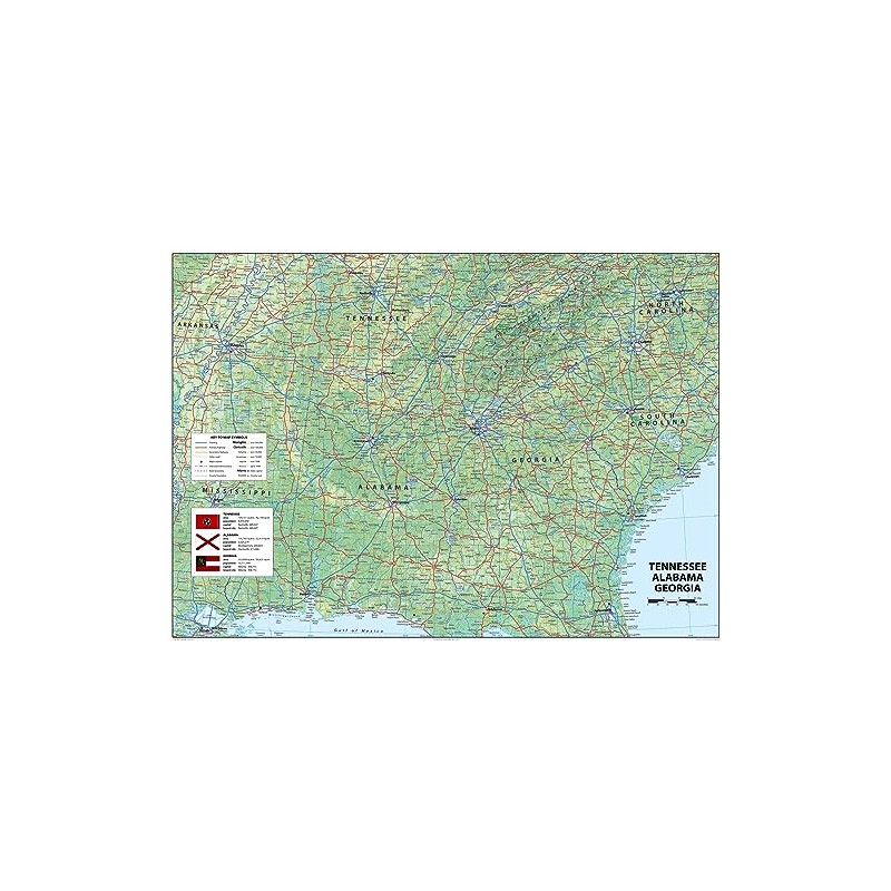 Tennessee, Alabama and Georgia Physical Map - 23.3 x 16.5