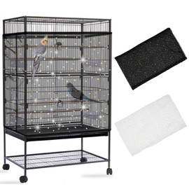 Daoeny 2PCS Bird Cage Seed Catcher, Large Bird Cage Cover, Adjustable Soft Airy Nylon Mesh, Birdcage Cover Skirt Seed Guard for Parrot Parakeet Macaw Round Square Cages (Black & White Sequins Star)
