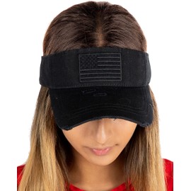 Funky Junque Visor for Women Adjustable High Ponytail Bun Hat 4th of July USA Visor 100% Cotton - American Flag - Black