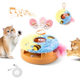 Migipaws Interaktives Katzenspielzeug, elektrisches Katzenspielzeug,Donut ''mit wirbelnder Feder, Katzenminze und Quietschen,Intelligentes Sensor, Wiederaufladbar (Honig)