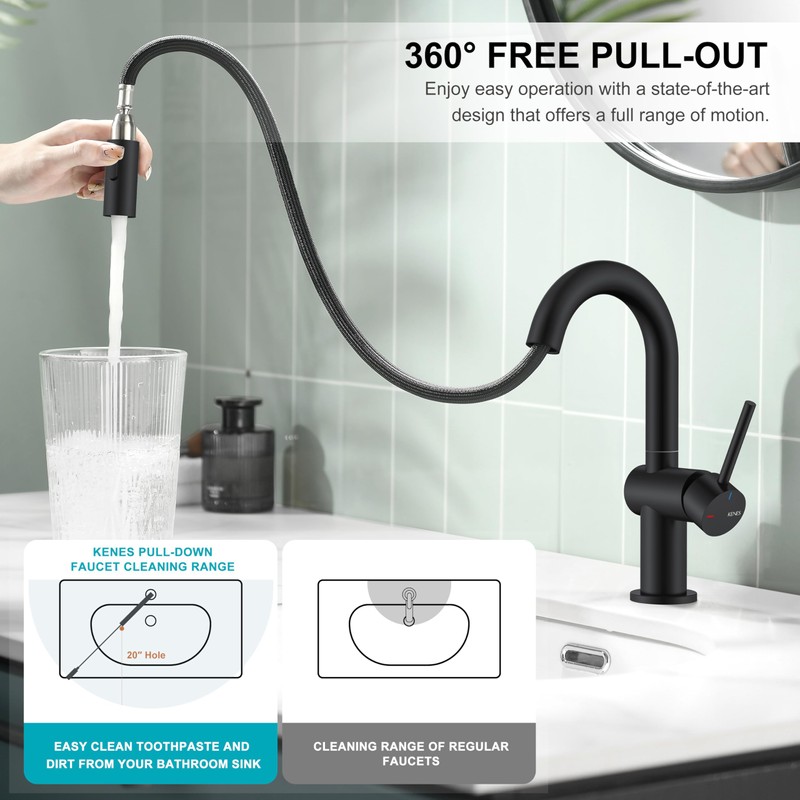KENES Pull Down Bathroom Faucet with Sprayer, Matte Black Single