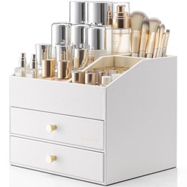 Vlando Makeup Organizer for Vanity,Large Capacity Countertop Organizer with Drawers, PU Leather Cosmetic Display Case for Lipstick,Brushes,Skincare,Nail polish and Bedroom Storage (White)