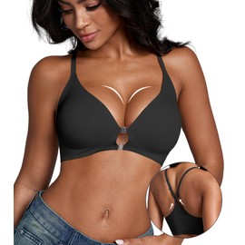 DEANGELMON Front Closure Bras for Women Racerback Bra No Underwire Seamless Push Up T-Shirts Bras Supportive Womens Bralettes, Black, Large