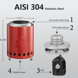 Havato Tabletop Fire Pit 5.5" with Stand, Smokeless Firepit Outdoor, 304 Stainless Steel Small Table Top Stove Fueled by Pellets Or Wood,Low Smoke Mini Round Fire Pit Bowl Iutdoor, Red