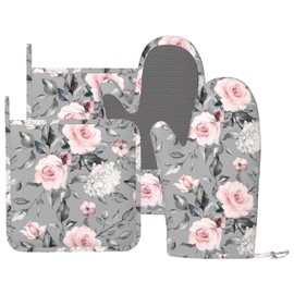 LONSANT Roses Oven Mitts Pot Holders Set Silicone Heat Resistant Gray Flower Pink Rose Oven Mitts and Hot Pads Rose Potholders Non-Slip Oven Gloves for Cooking Baking Grilling BBQ