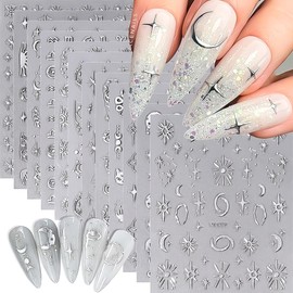 12 Sheets Silver Nail Art Stickers Star Nail Stickers Heart Nail Decals Self Adhesive Evil Eye Nail Art Supplies for Women Girls DIY Manicure Nail Art Decorations