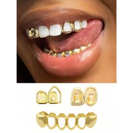 1 Set Of Hollow Tooth Grillz With Zirconia Stones, Double Teeth Top & 4 Hollow Teeth Bottom, Stage Performance Hip-Hop Tooth Jewelry Accessories, Unisex Festival Gift - Size: A Golden Combination