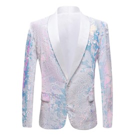 PYJTRL Men Fashion Velvet Sequins Floral Pattern Suit Jacket Blazer (White, M)