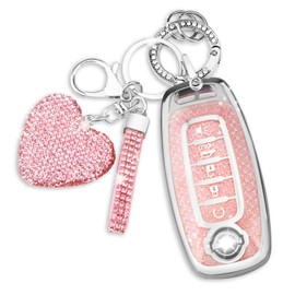 QBUC Key Fob Cover for Nissan with Heart Keychain, Car Key Fob Protector for Women, 5 Buttons Key Case Compatible with 2023 2024 2025 Pathfinder Rogue, Sentra 2024-2025 Accessories (Silver-Pink)