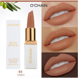 O'CHAIN Dark Brown Matte Lipstick, Long Lasting Full Coverage Non-Transfer Lipstick for Women Infused with Jojoba Oil and Vitamin E, Cruelty-Free & Vegan (05 CHIC) 0.12 Oz