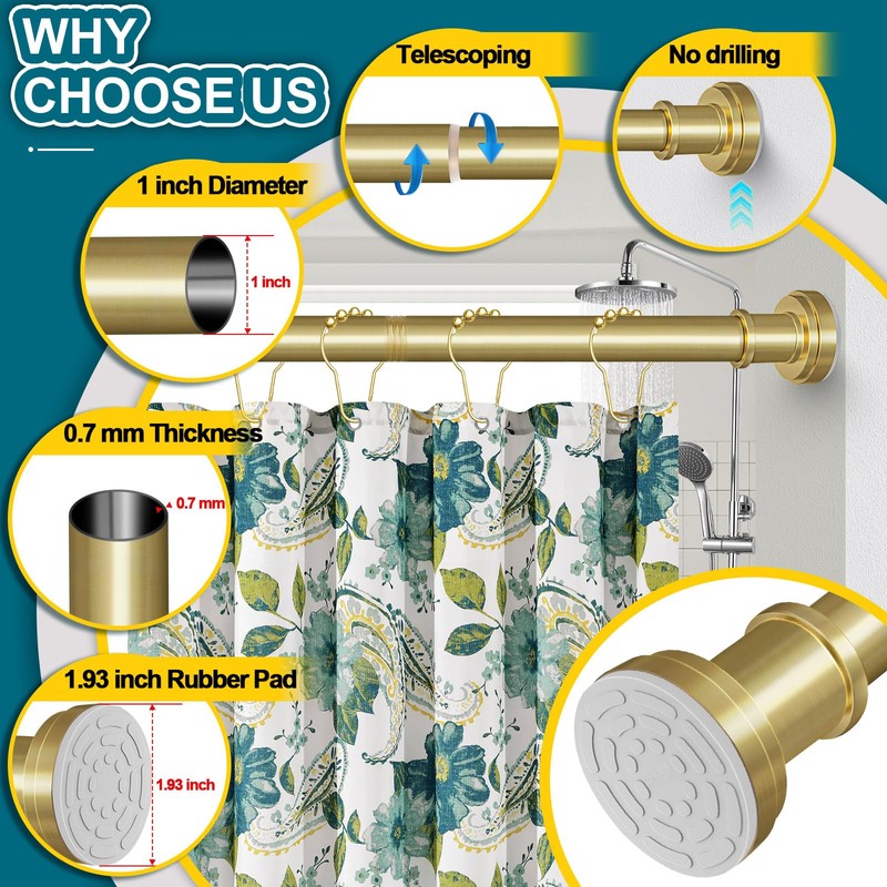 ZYRW Gold Shower Curtain Rod 36-68 Inch(3-5.6ft) Never Rust No
