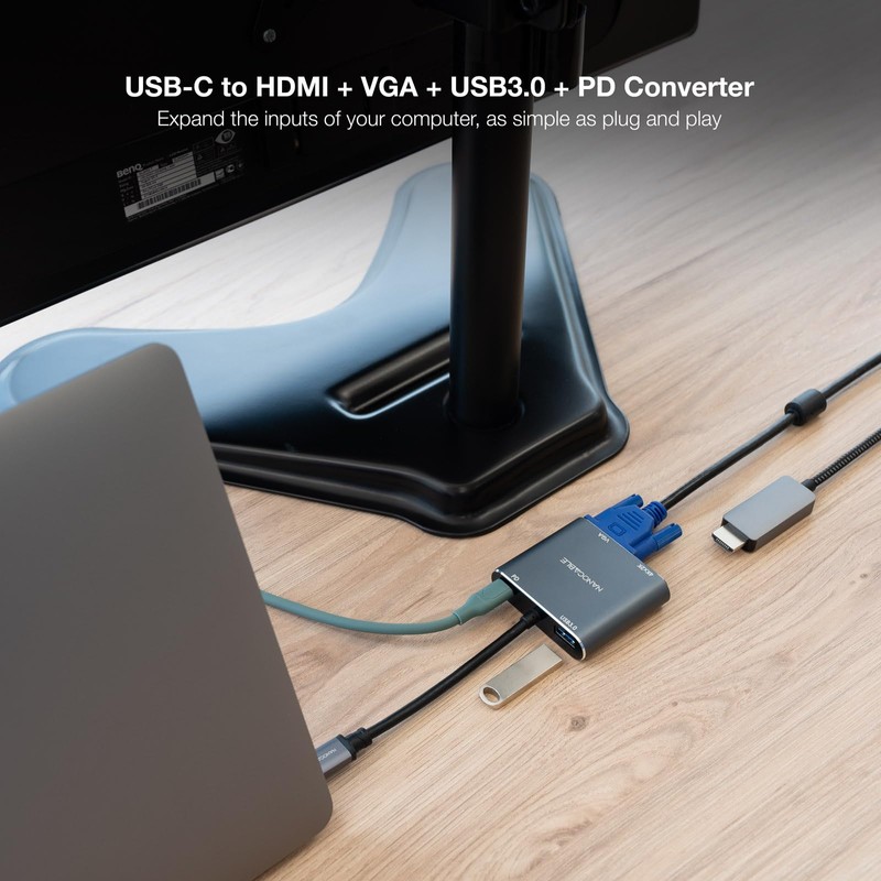 Nanocable 10.16.4304 USB-C to HDMI/VGA/USB3.0/PD Converter 15 cm, Grey