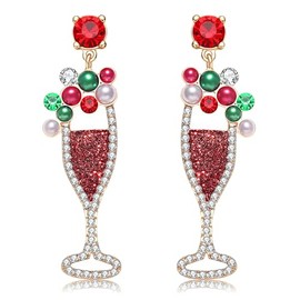 Champagne Wine Glass Earrings for Women Glitter Rhinestone Champagne Flute Earrings Pearl Beaded Dangle Drop Earrings for Party Holiday Celebration Gifts (Christmas)
