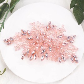 Teyglen Pink Crystal Rhinestone Wedding Hair Comb Shiny Crystal Beads Hair Piece Bridal Side Comb Hair Accessories Jewelry for Women Wedding Headpiece (Pink)
