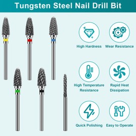 CGBE Nail Drill Bits, 6 Piece Nail Drill Bit with 5 Different Grit, 3/32 Inch Professional Bits for Nail Cutter, Corn Shaped Nail Drill Bits for Manicure Remove Acrylic or Hard Gel Polygel
