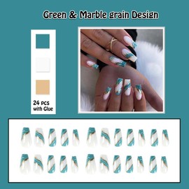 ANDGING Almond Press on Nails Short Medium Blue Fake Nails fake on Nails with Bling Gold Striped Design Gel Acrylic False Nails for Wedding Birthday 24Pcs Manicure Stick on Nail with fake AL68S9