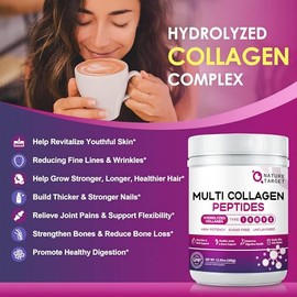 NATURE TARGET- “Multi Colágeno Péptidos en Polvo Tipo I, II, III, V, X Péptidos de Colágeno Hidrolizados con Vitamina