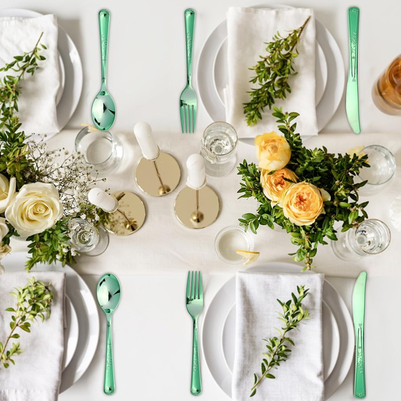 180 Pack Disposable Green Plastic Silverware Contain 60 Forks,60 Spoons,60
