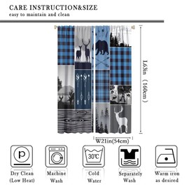 Llylumty Rustic Farmhouse Curtains, Retro Cabin Lodge Window Curtains Country Bear Deer Decor for Kids Teens Adult, Hunting Wild Animal Plaid Checkered & Drapes Blue 21x63in,2 Panel Set