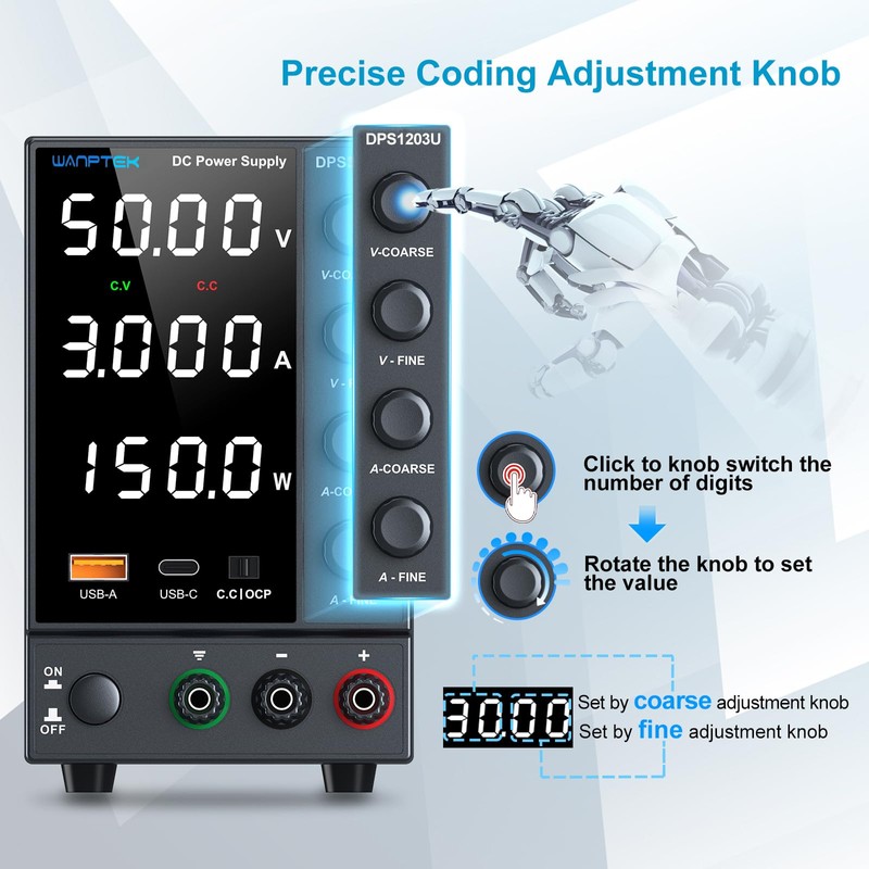 DC Power Supply, Bench Power Supply with Encoder Knob, Adjustable