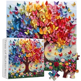 PICKFORU Colorful Butterfly Puzzles for Adults 1000 Pieces, Tree of Life Jigsaw Puzzle Rainbow Floral, Unique Spring Flower Art Theme as Home Decor