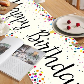 DAWRIS Birthday Table Runner, 180 x 30 cm, Colourful Happy Birthday Tablecloth, UNE Birthday Paper Plate, Linen Birthday Decoration, Suitable for Children's Birthday Party Decoration for Boys and