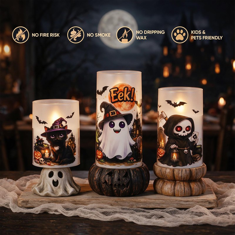 Homemory Halloween LED Pillar Candles, Realistic Flickering Set of 3