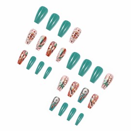 MERVF Coffin Press on Nails Long Fake Nails Green Glue on Nails Flower Butterfly Ballerina Acrylic False Nails Glossy 24pcs Dream Catcher Design