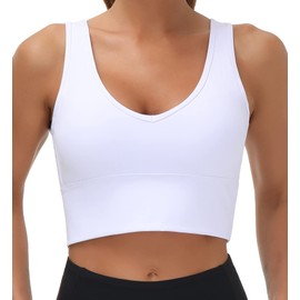 THE GYM PEOPLE Womens Longline Sports Bra Padded Crop Tank Tops Workout Yoga Bra with Removable Pads (White, Small, s)