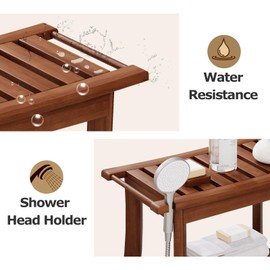 Teak Shower Bench, 23.6 Inch Teak Shower Stool 300lbs Wood Shower Chair Seat with Storage Shelf Towel Rack for Bathroom Indoor and Outdoor Use