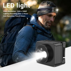 ciciglow Head Mounted Action Camera, 1080P Adjustable Angle Small Head Mounted Sports Camera, LED Headlamp Wearable Body Video Camera with Elastic Headband, Support 128GB for Outdoor Sports