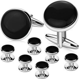 AMITER Men’s Cufflinks and Tuxedo Studs Set, Suitable for Black Suit White Shirts on Wedding, Anniversary, Birthday