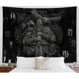 Arsey Viking Decorative Tapestry Nordic Mythology Odin Warrior Sword Axe Raven Cross Knot Tattoo Meditation Runes Wall Towel Tapestry Living Room Bedroom Grey 200 cm x 150 cm