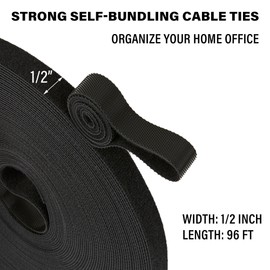 96 ft x 1/2 inch Hook and Loop Roll, Reusable Fastening Cable Ties, Multi-Purpose Cable Management Wire Ties Cable Straps for Organizing Home, Office and Data Centers