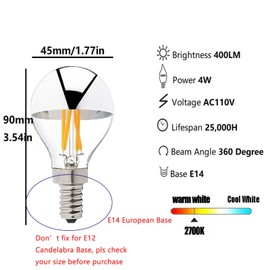 Lxcom Lighting 4W Half Chrome Silver LED Light Bulb G45/G14 E14 Dimmable Silver Tipped Vintage LED Filament Bulbs 40W Equivalent Warm White 2700K Decorative Globe Bulbs E14 Base LED Globe Bulb(4 Pack)