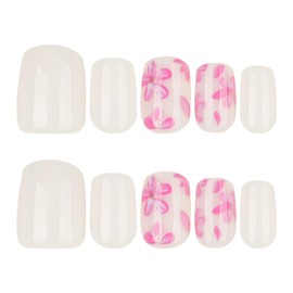 XZMeiLun White Press On Nails Extra Short Square, Pink Flower Sticke On Nails Kit, Floral Designer Reusable Acrylic Nails Press Ons, Fake Nails With Glue On Nails Set, Daily Wea False Nails For Women