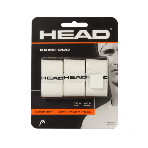 HEAD Prime Pro Racquet Overgrip - Tennis Racket Grip Tape - 3-Pack, White