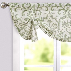 jinchan Linen Tie Up Valance for Kitchen Window Flax Floral Drapes Vintage Farmhouse Medallion Window Treatments Light Filtering Curtain for Living Room Laundry Rod Pocket 1 Panel 36 Inch Sage Green