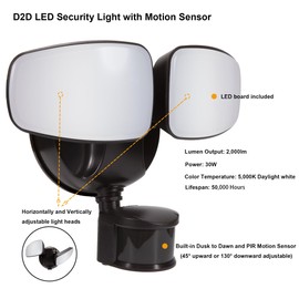 LIT-PaTH Dusk to Dawn LED Security Light, Outdoor Flood Light with Motion Sensor, 30W 2000 Lumens, 2 Adjustable Heads, Water-Proof, Bronze Finish-5000K, 1-Pack