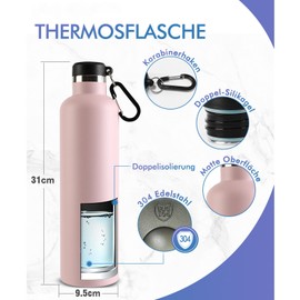 FEIJIAN FJbottle 750/1000 ml Vacuum Insulated Stainless Steel Water Bottle Water Bottle BPA-Free Leak-Proof Sports Bottle Thermos Flask with Carabiner Hook for Sports/Outdoor/Camping/Fitness/Yoga/School