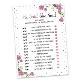 Inkdotpot 50-Pack He Said She Said Cards For Couples Floral Funny Rehearsal Dinner Who said it Question Bridal Shower Engagement Party Game Ideas