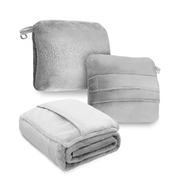 DEZ FURNISHINGS 4-in-1 Travel Compact Blanket Pillow Super Soft Velvet with Luggage Sleeve and Backpack Clip, Gray, 60" W x 45" H